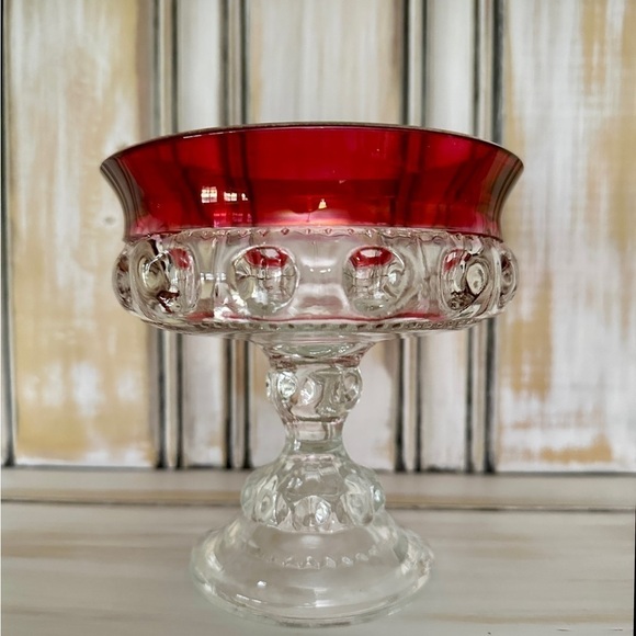 VINTAGE, KINGS CROWN, RUBY THUMBPRINT COMPOTE IN THE TIFFIN STYLE. - Picture 3 of 10